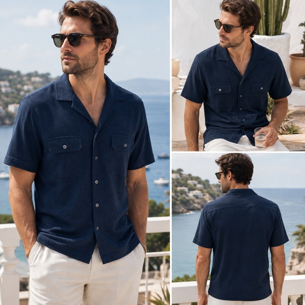Banana Republic Linen French Terry Resort Shirt Men's Medium Navy Blue NWT